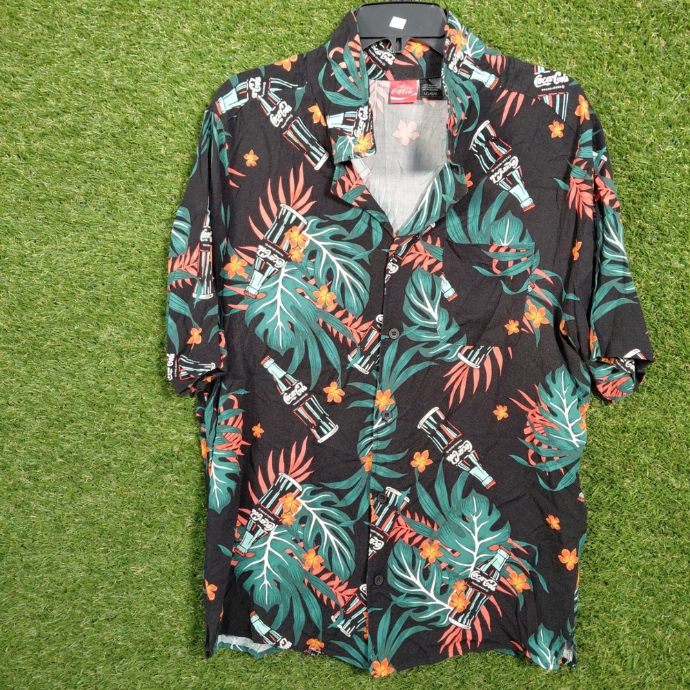 Coca Cola Tropical Button Up Shirt Mens Large Hawaiian Palm Tree Flowers